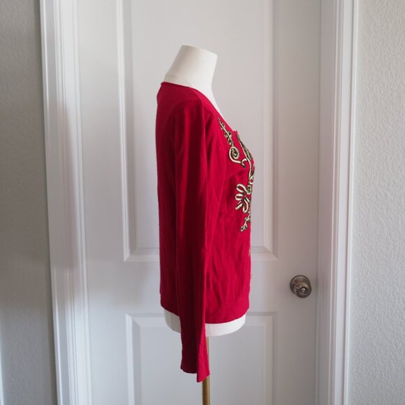 Vintage Grannycore Y2K Christmas Red Gold Detail Sweater Once Again Sz Medium - Picture 10 of 14